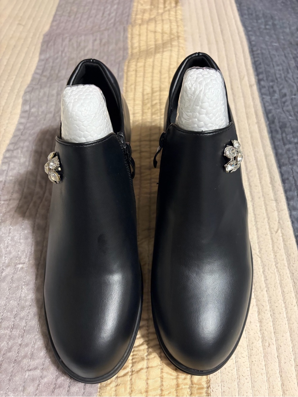 Source Unknown Black Ankle Booties with Crystal Flower Accent